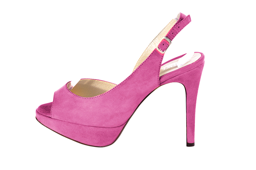 Dress heels peep-toe slingback in shocking pink leather with high slim heels with a platform at the front and round toe - Profile view